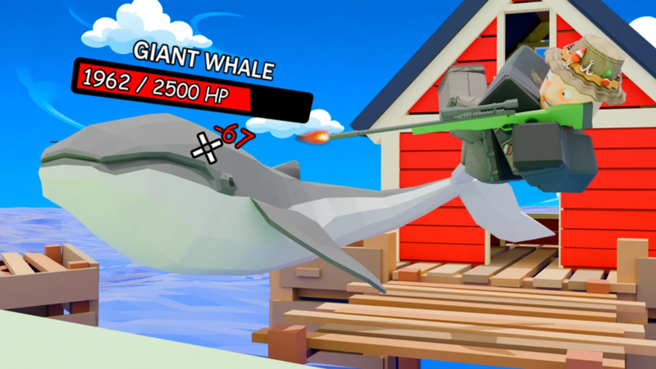 A Roblox player battles a giant whale beside a red dock building.
