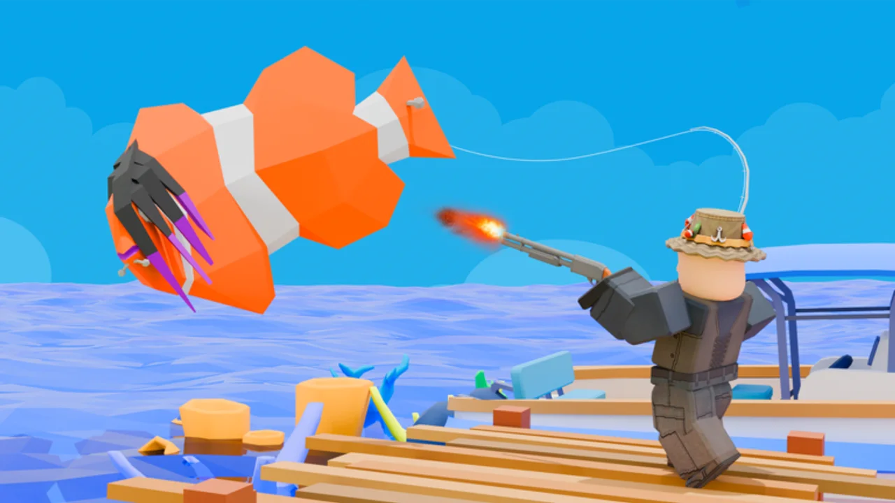 A Roblox fisher reels in a giant orange fish while holding a weapon beside a boat.